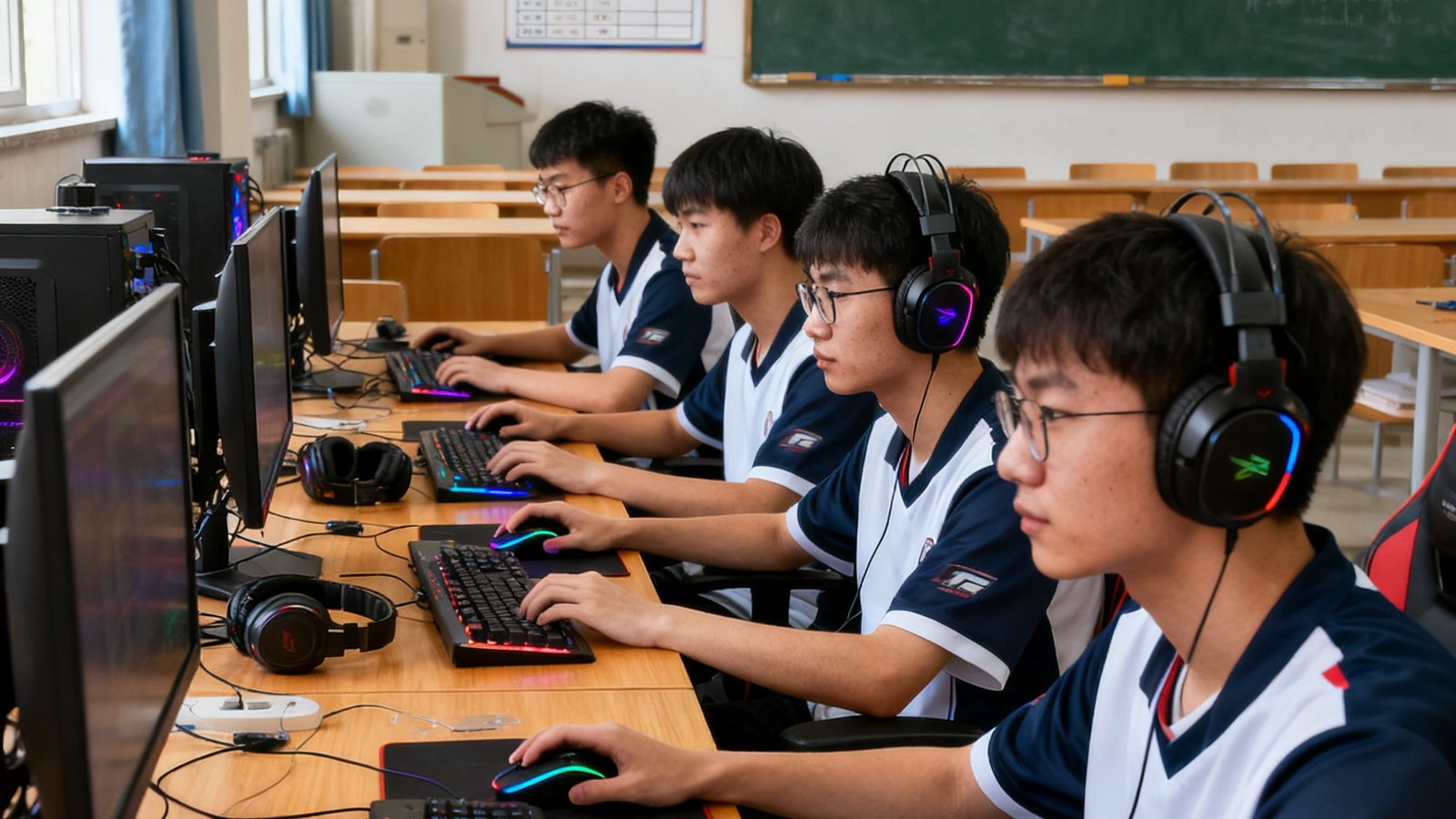 高校电竞社团在教室内进行训练赛，五名队员神情专注协作配合，桌面上整齐摆放着外设装备