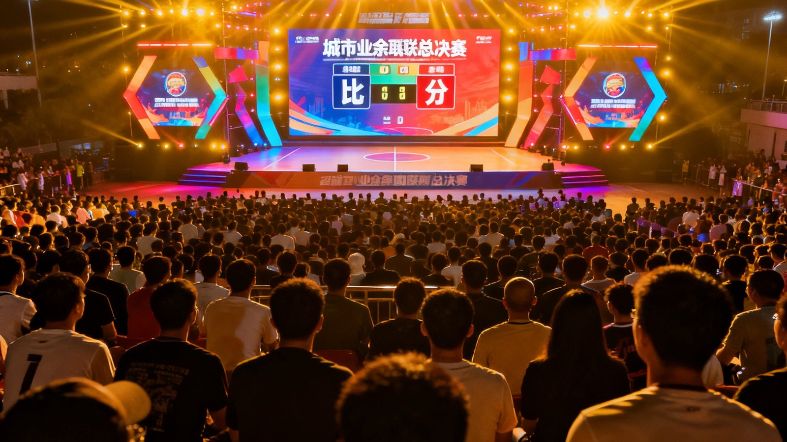 城市业余联赛总决赛现场，观众席座无虚席，舞台灯光绚烂多彩，大屏幕实时显示比分