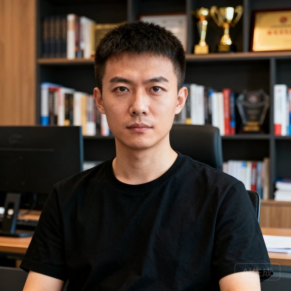 蜂鸟竞技创始人陈澍，短发干练，眼神坚定，穿着黑色T恤，背景为办公室书架